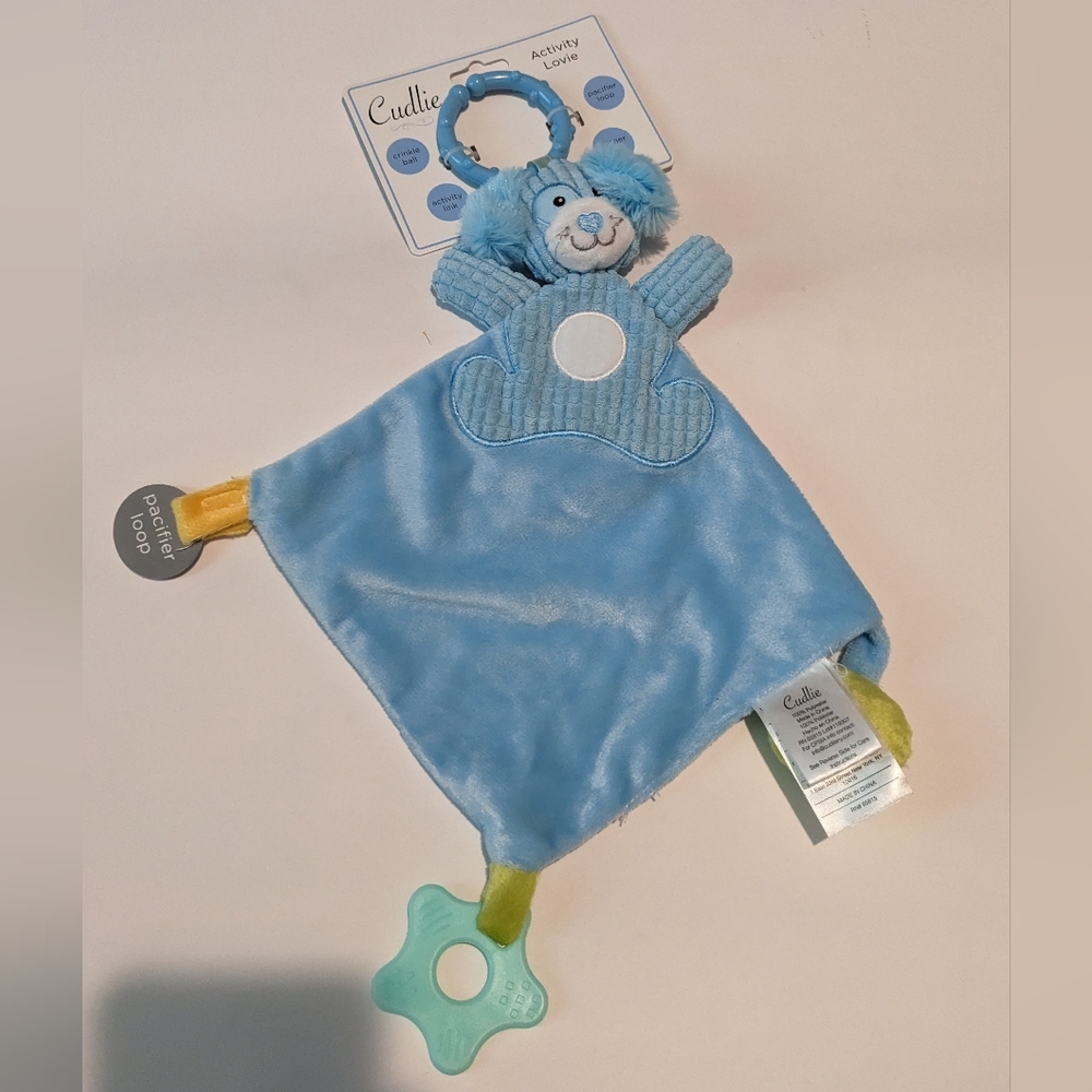 Cudlie Activity Lovie Blue Dog NEW Pacifier Holder Crinkle Teether